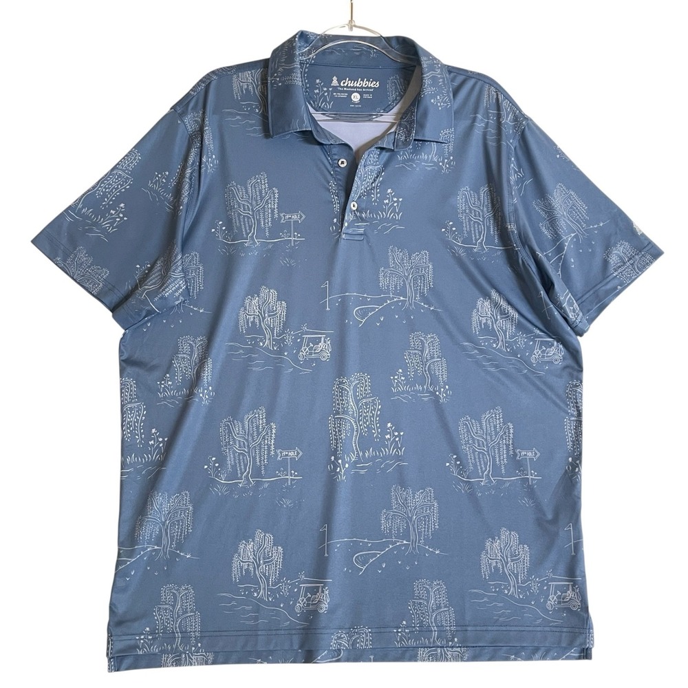 Chubbies Golf Polo Shirt Mens XL Blue Golf Cart Willow Tree Performance Stretch